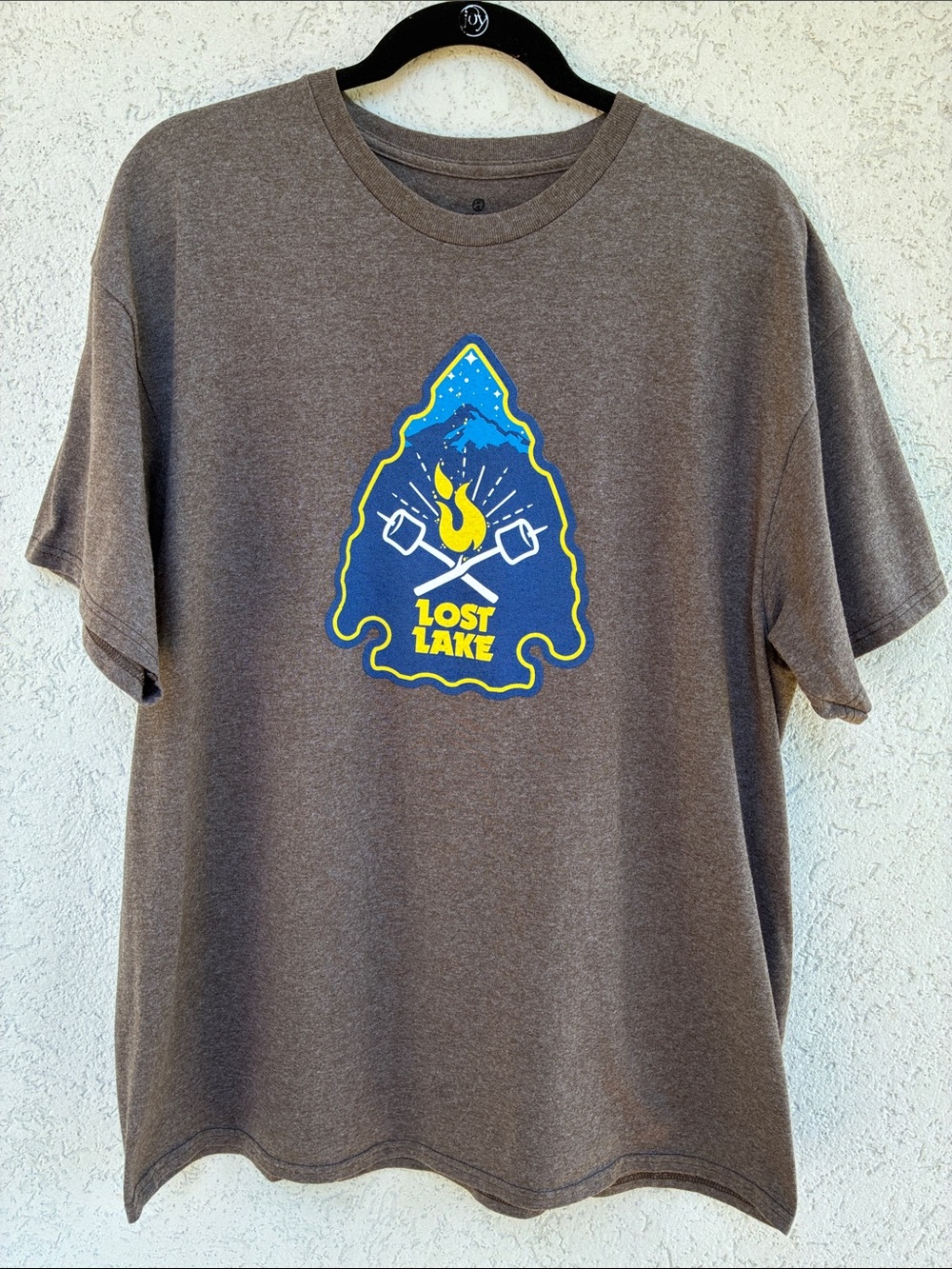 Lost Lake T shirt. Heather brown with bright blue and yellow graphic